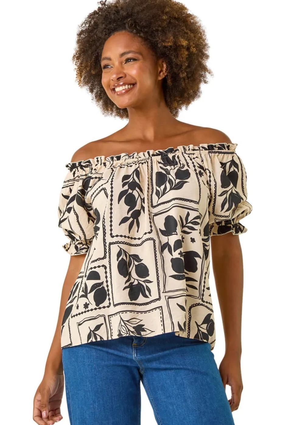 Roman Black Mono Print Bardot Top
