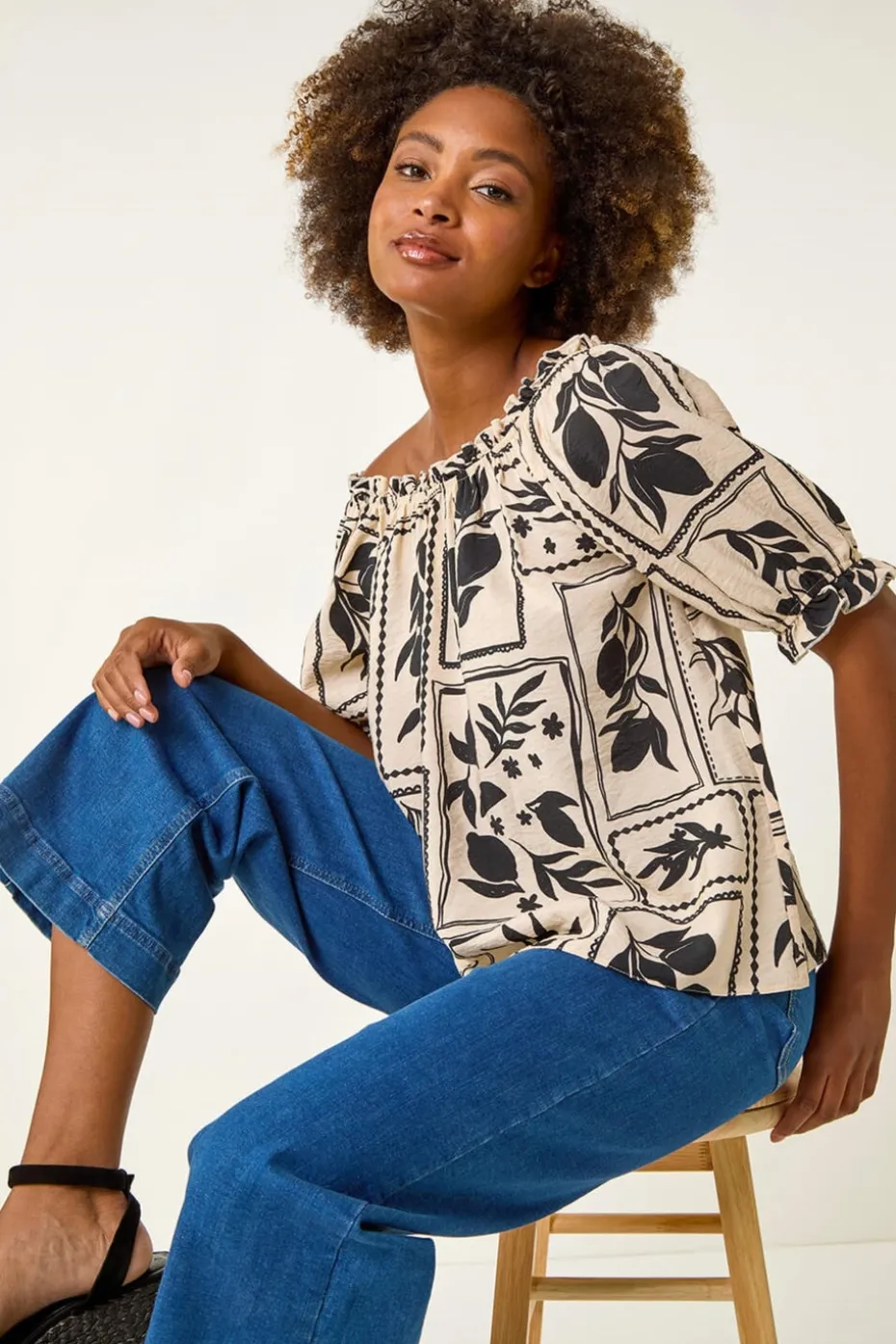 Roman Black Mono Print Bardot Top