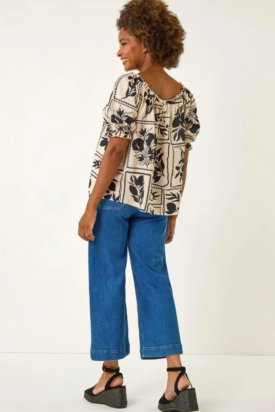 Roman Black Mono Print Bardot Top