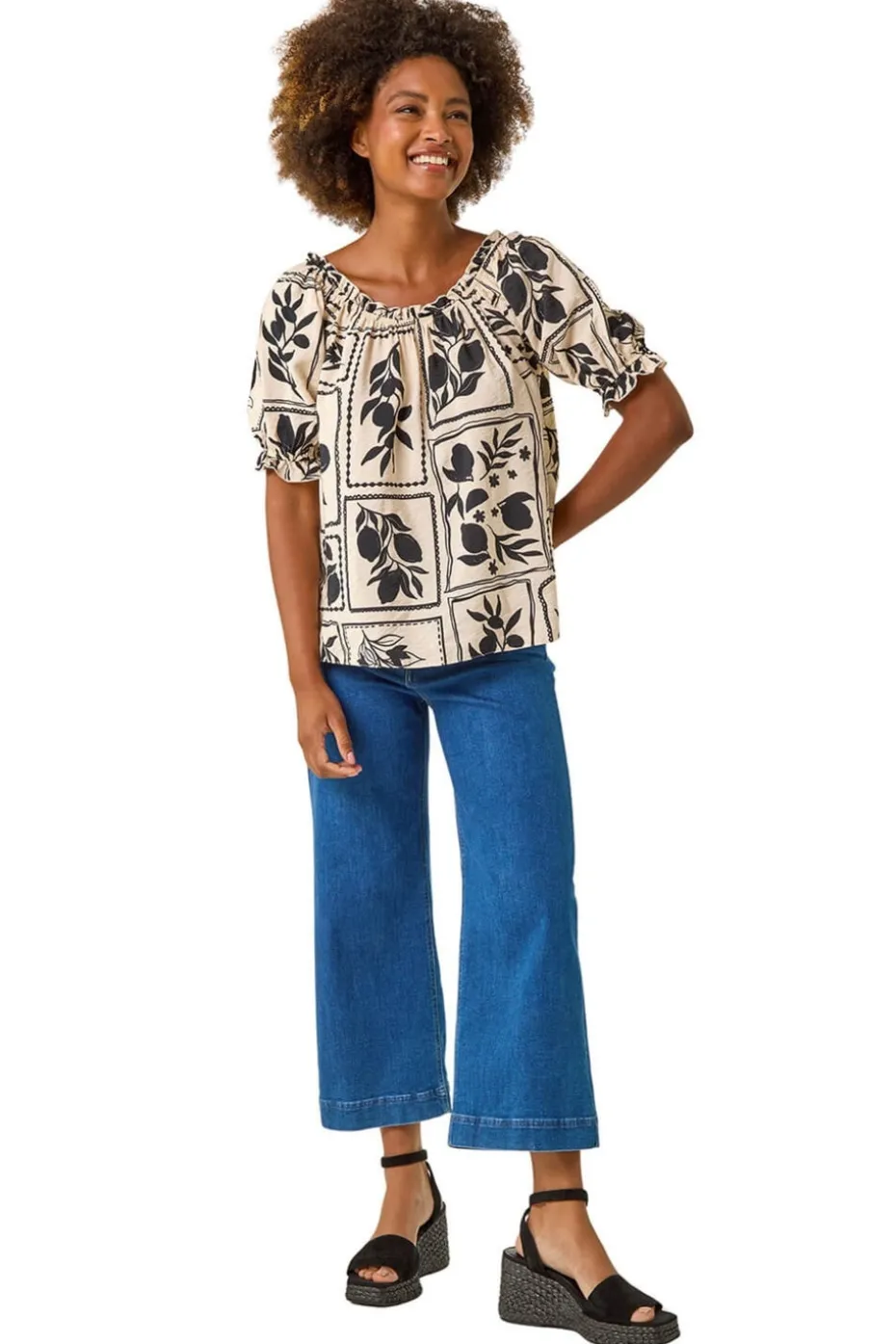 Roman Black Mono Print Bardot Top