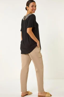 Roman Black Mono Print Crochet Neck Top