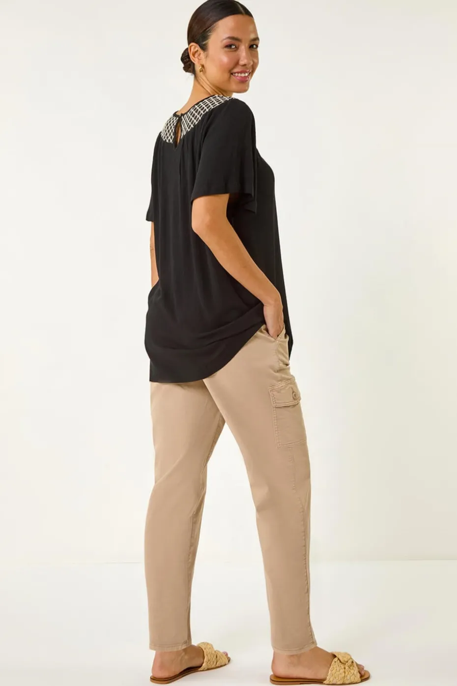 Roman Black Mono Print Crochet Neck Top