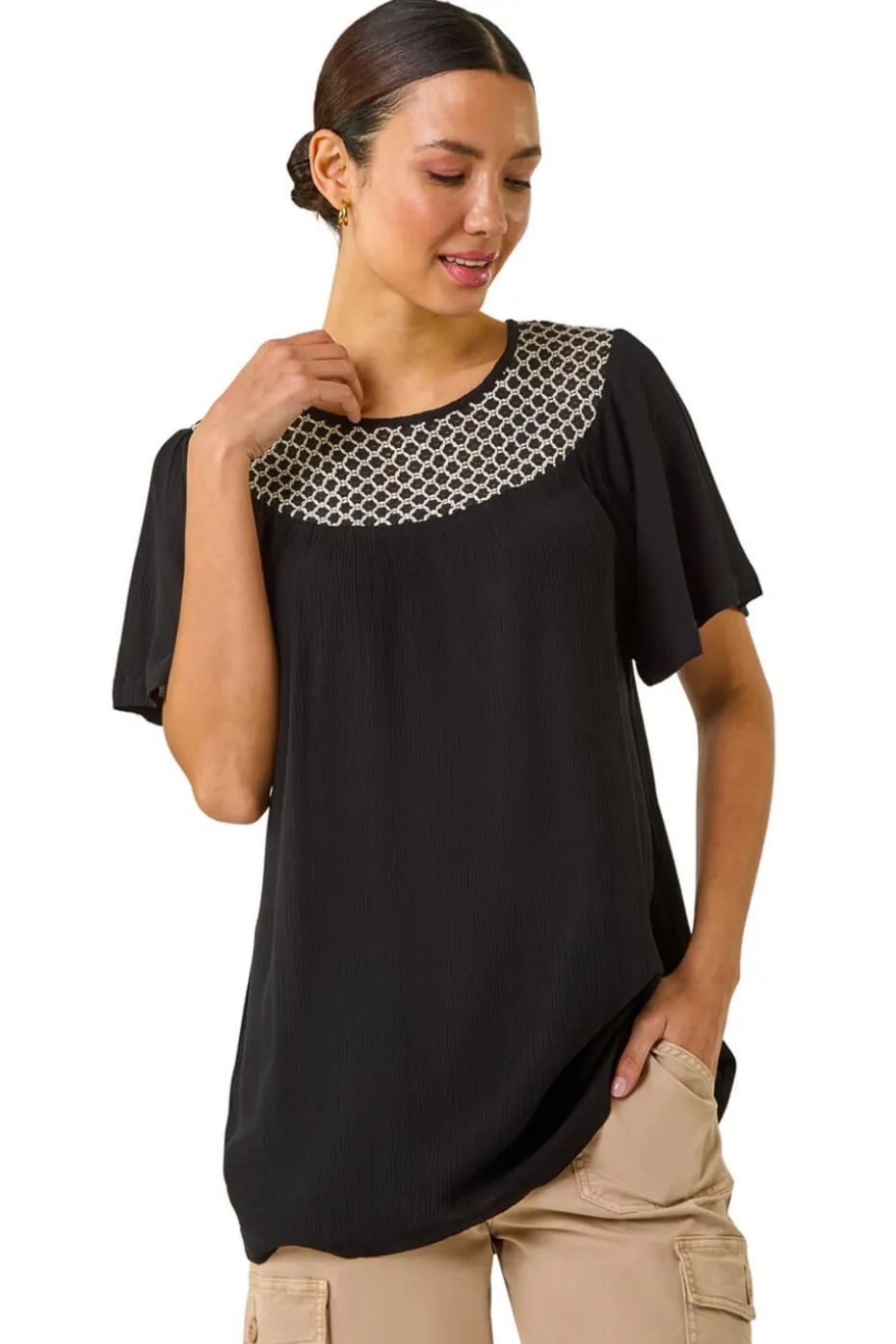 Roman Black Mono Print Crochet Neck Top