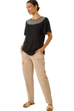 Roman Black Mono Print Crochet Neck Top