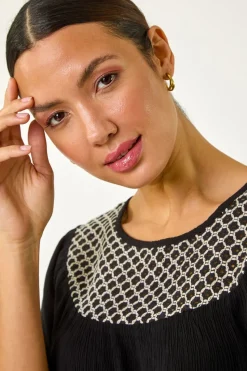 Roman Black Mono Print Crochet Neck Top