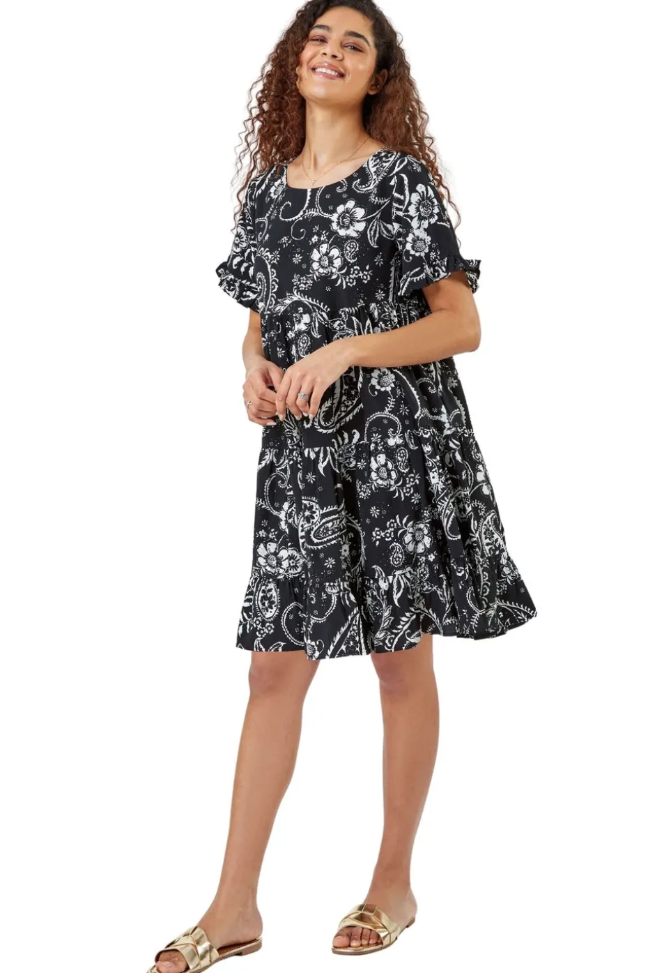 Roman Black Paisley Floral Tiered Smock Dress