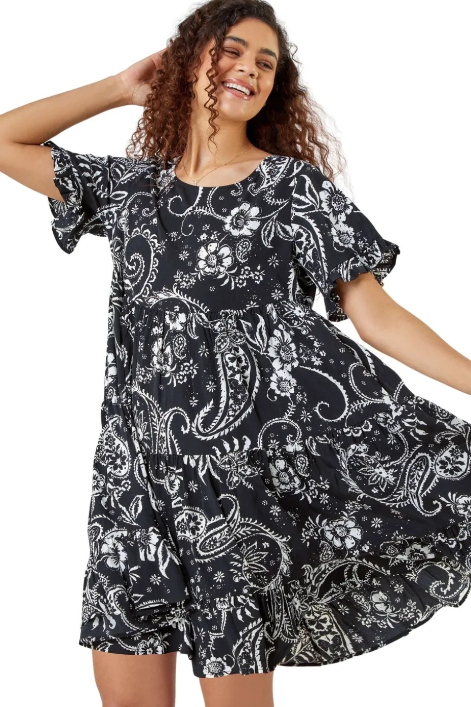 Roman Black Paisley Floral Tiered Smock Dress