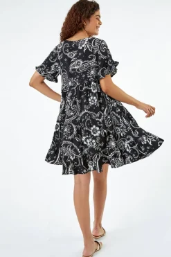 Roman Black Paisley Floral Tiered Smock Dress