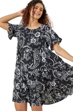 Roman Black Paisley Floral Tiered Smock Dress