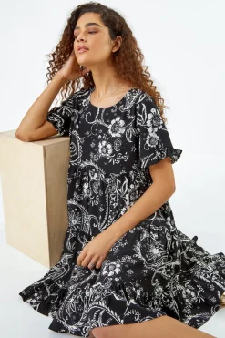 Roman Black Paisley Floral Tiered Smock Dress