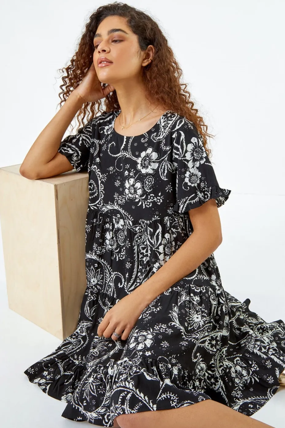 Roman Black Paisley Floral Tiered Smock Dress