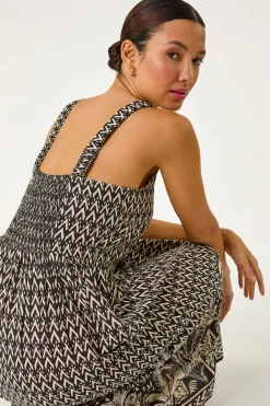 Roman Black Palm Border Print Midi Sundress