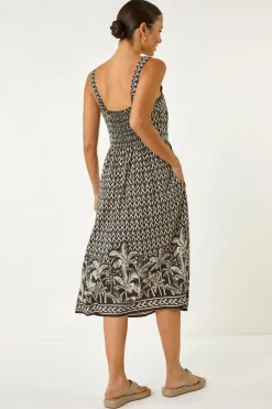 Roman Black Palm Border Print Midi Sundress