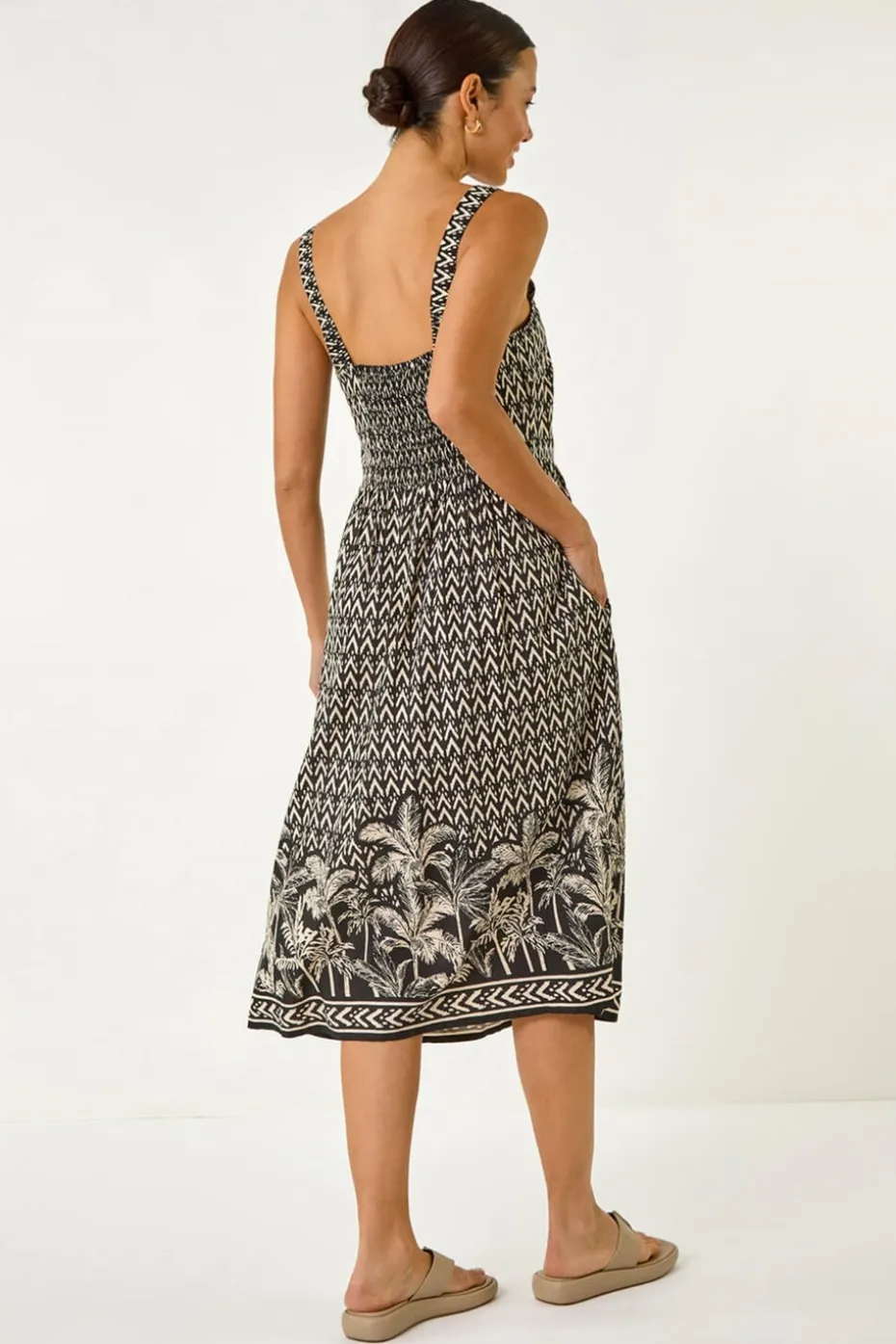 Roman Black Palm Border Print Midi Sundress