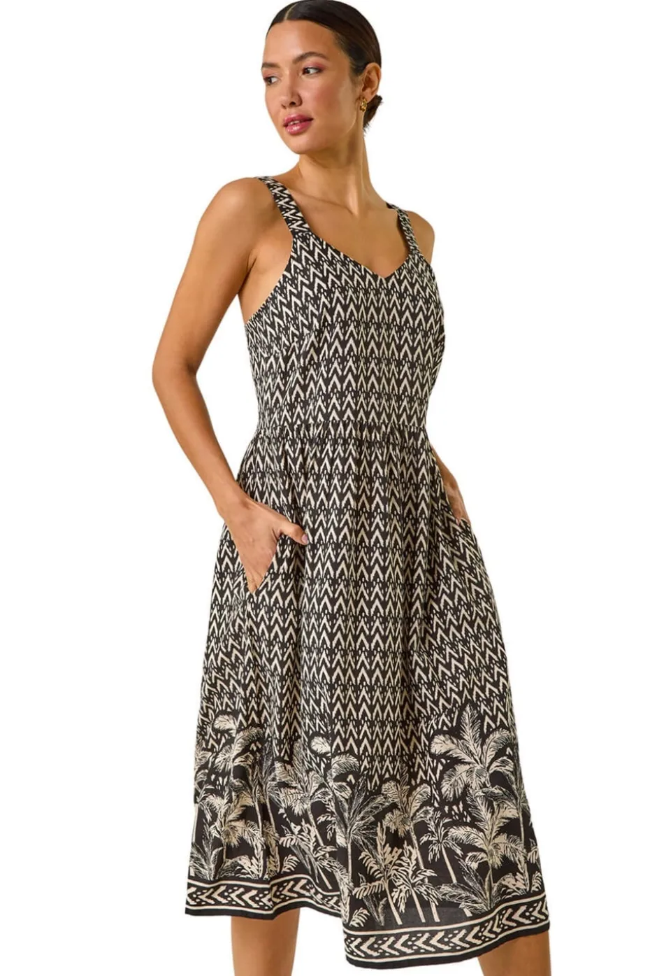Roman Black Palm Border Print Midi Sundress