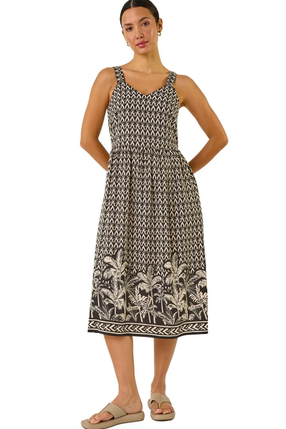 Roman Black Palm Border Print Midi Sundress