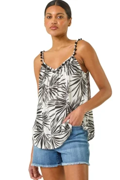Roman Black Palm Leaf Print Pom Pom Cami Top
