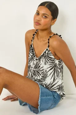 Roman Black Palm Leaf Print Pom Pom Cami Top