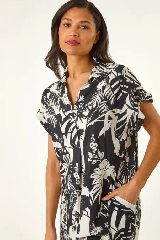 Roman Black Palm Print Cocoon Dress