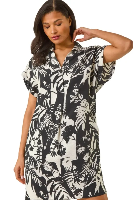 Roman Black Palm Print Cocoon Dress