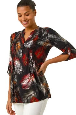 Roman Black Palm Print Pintuck Stretch Shirt