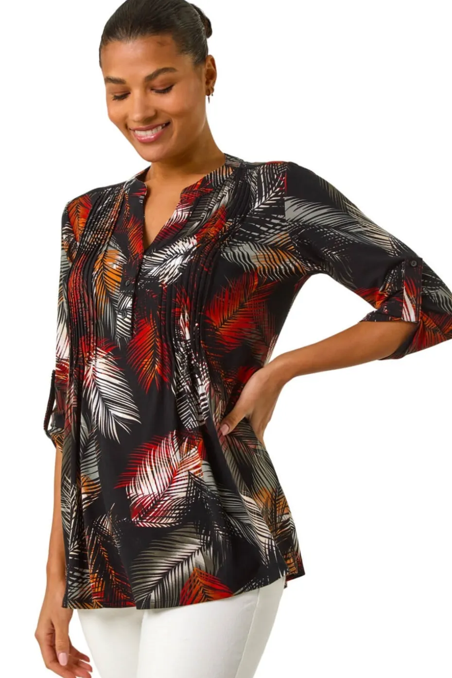 Roman Black Palm Print Pintuck Stretch Shirt