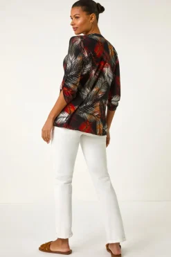 Roman Black Palm Print Pintuck Stretch Shirt