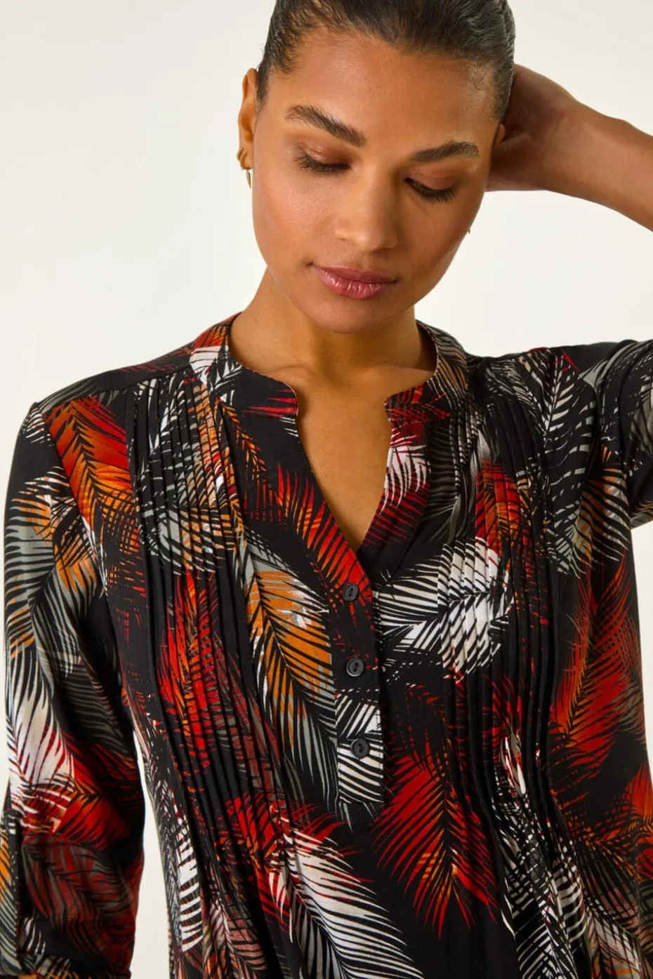 Roman Black Palm Print Pintuck Stretch Shirt