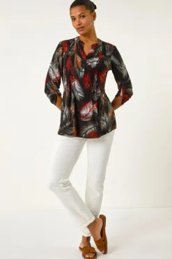 Roman Black Palm Print Pintuck Stretch Shirt