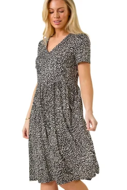 Roman Black Petite Abstract Print Stretch Pocket Dress