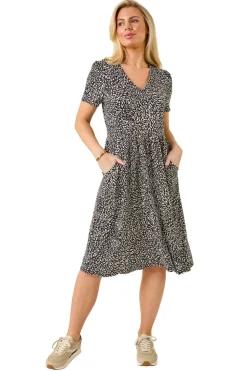 Roman Black Petite Abstract Print Stretch Pocket Dress