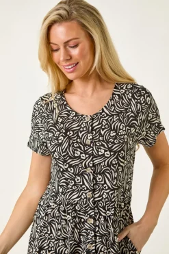 Roman Black Petite Abstract Print Button Shirt Dress