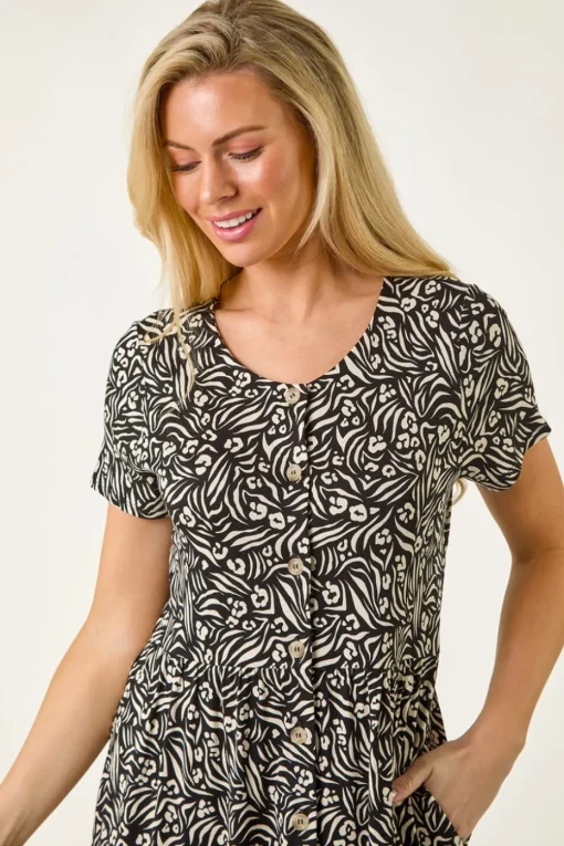 Roman Black Petite Abstract Print Button Shirt Dress