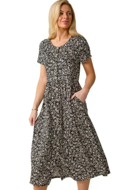 Roman Black Petite Abstract Print Button Shirt Dress
