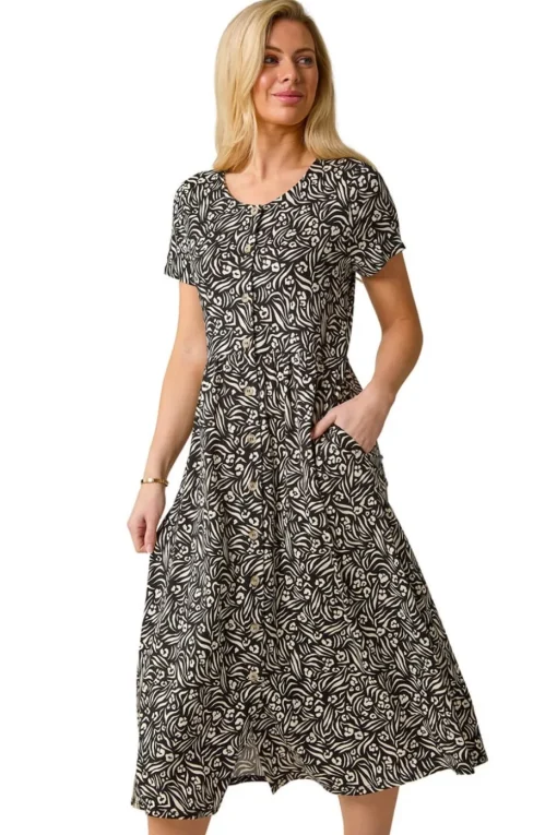 Roman Black Petite Abstract Print Button Shirt Dress