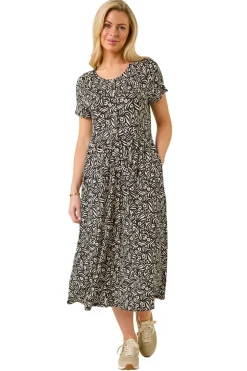 Roman Black Petite Abstract Print Button Shirt Dress