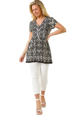 Roman Black Petite Aztec Print V-Neck Tunic Top