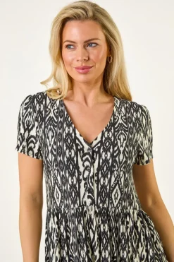 Roman Black Petite Aztec Print V-Neck Tunic Top