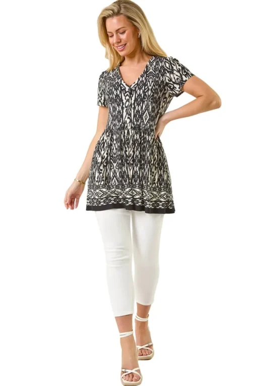 Roman Black Petite Aztec Print V-Neck Tunic Top