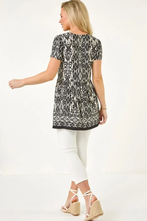 Roman Black Petite Aztec Print V-Neck Tunic Top