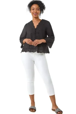 Roman Black Petite Broderie Scallop Blouse