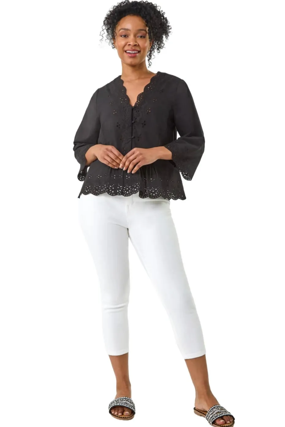 Roman Black Petite Broderie Scallop Blouse