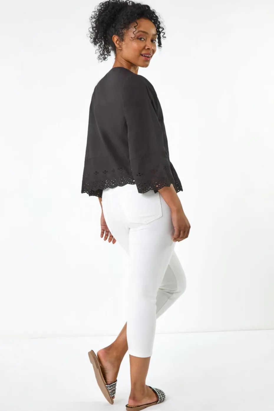 Roman Black Petite Broderie Scallop Blouse