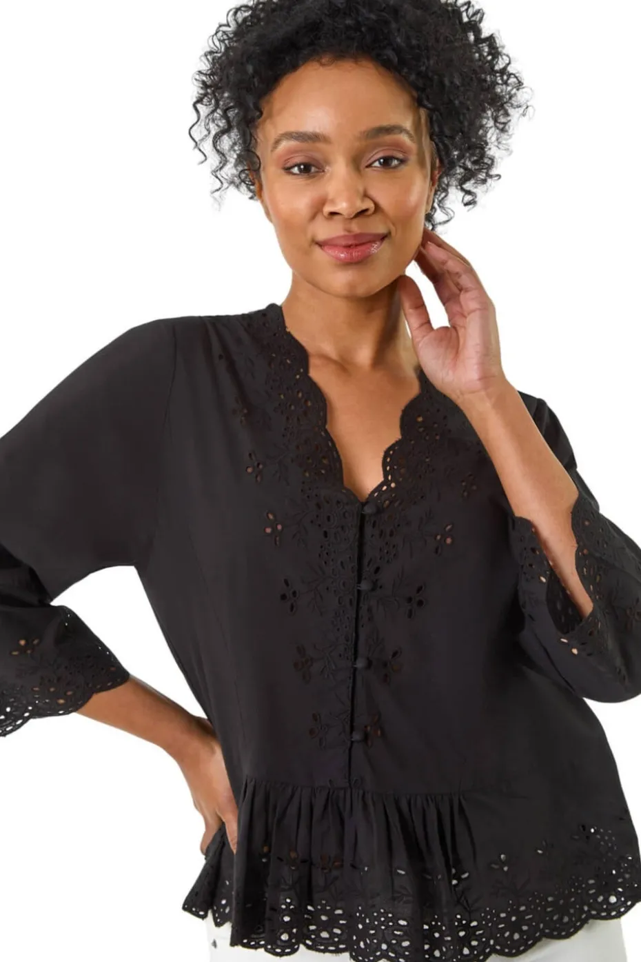 Roman Black Petite Broderie Scallop Blouse