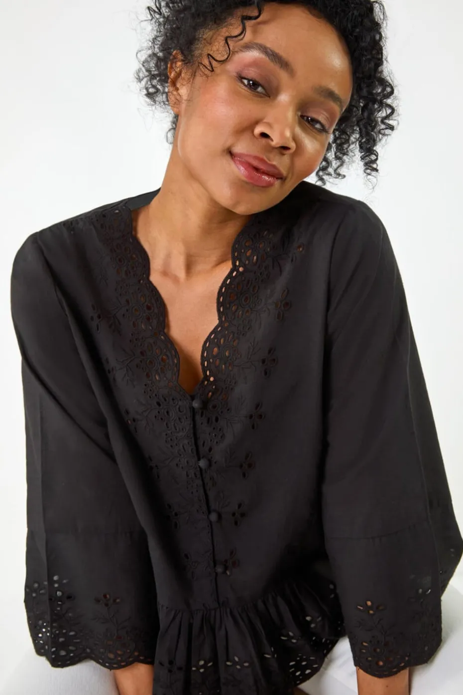 Roman Black Petite Broderie Scallop Blouse