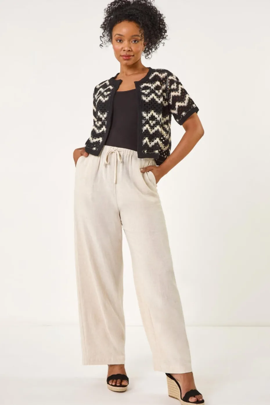 Roman Black Petite Chevron Open Crochet Cardigan