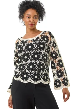 Roman Black Petite Crochet Floral Top