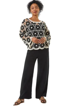 Roman Black Petite Crochet Floral Top