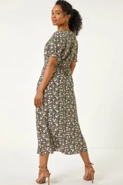 Roman Black Petite Ditsy Tea V-Neck Midi Dress