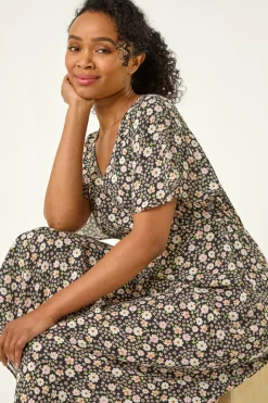 Roman Black Petite Ditsy Tea V-Neck Midi Dress